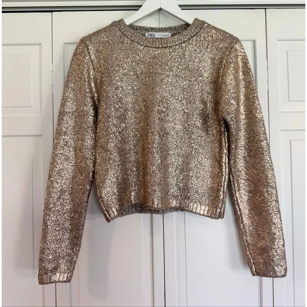Zara gold metallic crewneck crop sweater M